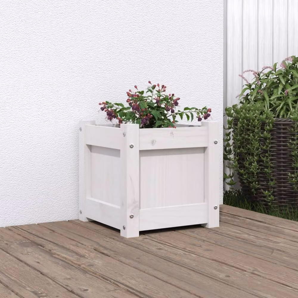 Berkfield Home Beautiful Garden Planter in White Solid Wood, W/D/H: 31 x 31 x 31 cm – 2