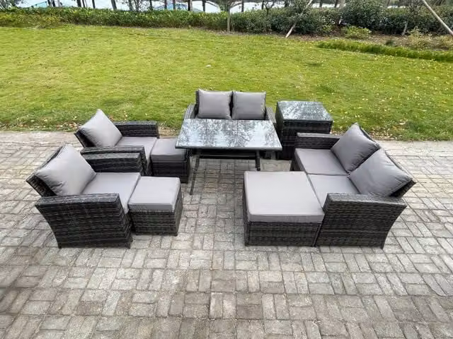 Fimous 9 Piece Wicker Rattan Garden Furniture Set with 3 Footstools in Dark Grey
