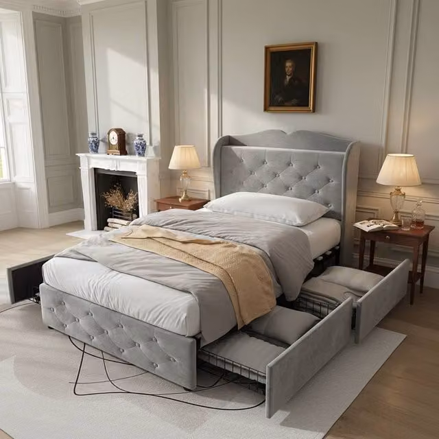 BTM Grey Velvet Single Bed with 4 Drawers, USB-C Charging Port and Integrated Reading Light, W/D/H: 90 x 200 x 113 cm