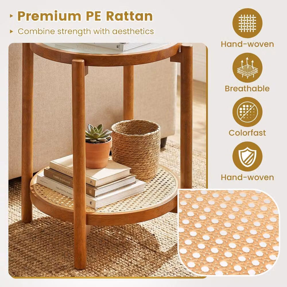 Gymax 2-Tier Round Boho Side Table in Brown Acacia Wood and Glass – 5
