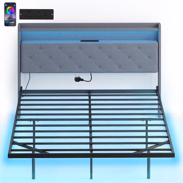 HOMCOM Grey Upholstered Floating King Size Bed Frame with RGB LED Under-Bed Lighting, USB Charging Port and Side Compartments, 180 x 200 cm