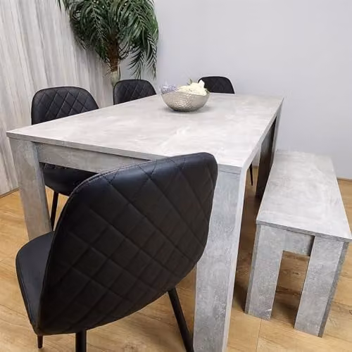 KOSY KOALA Modern 6 Seater Dining Set with Table, 4 Black Faux Leather Chairs and 1 Bench in Grey and Black – 3