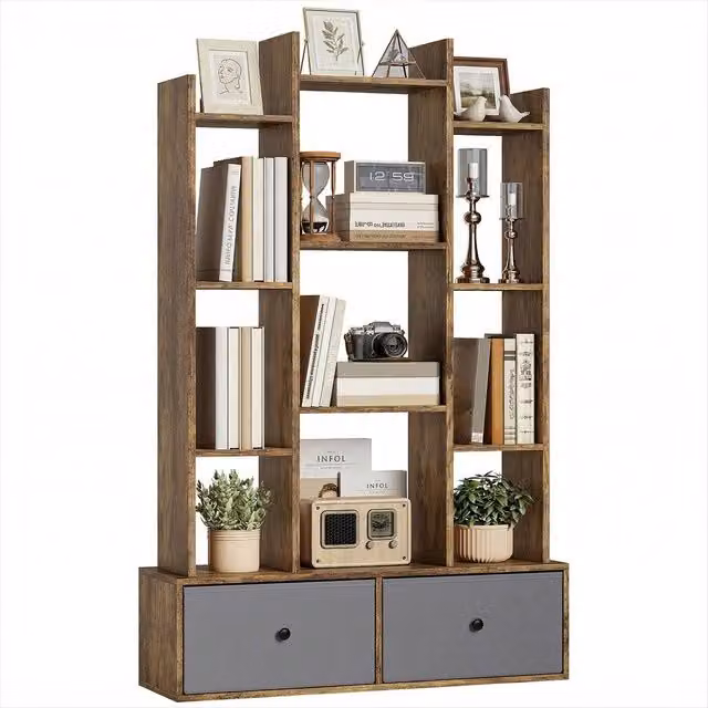 ERGOVEXA 12 Shelf Storage Unit with Drawers in Rustic Brown
