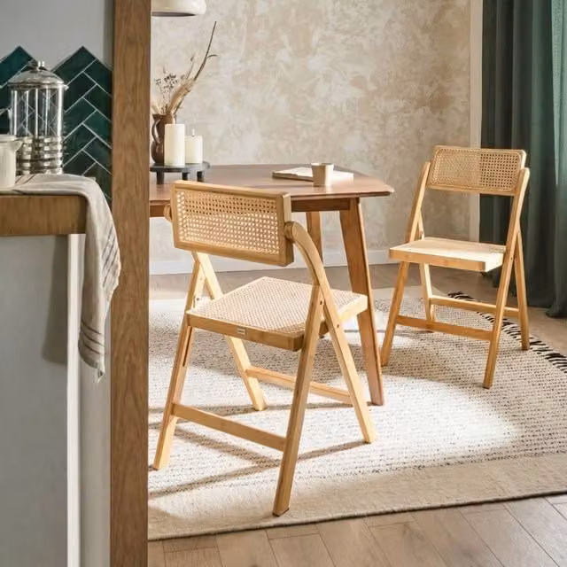 Wyld and Coco Set of 2 Light Brown Rattan and Wood Folding Dining Chairs
