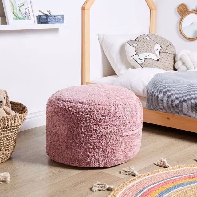 Wyld and Coco Pink Cotton Boho Cylindrical Pouffe with Removable Cover, W/D/H: 50 x 35 x 35 cm