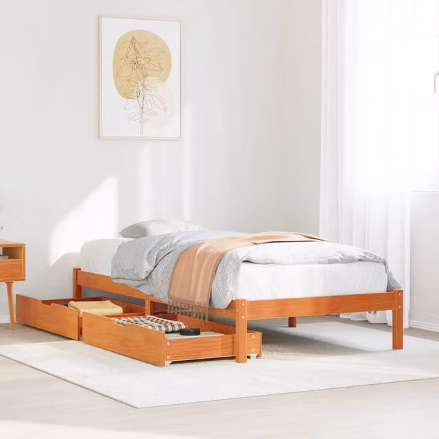 Berkfield Home Rustic Solid Wood Pine Bed Frame with Drawers, Wax Brown, W: 100 cm, D: 200 cm