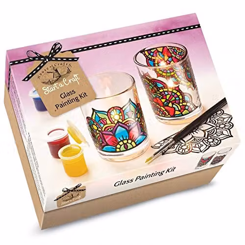 House of Crafts Glass Painting Single Craft Kit in Multicoloured with 2 Candle Glasses, 5 Glass Paints and Artist Brush