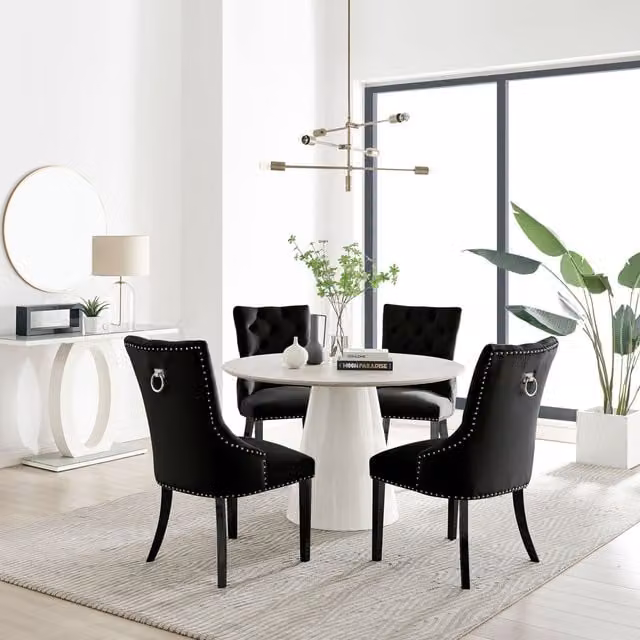 FurnitureboxUK Palma Beige Stone Effect Round Dining Table and 4 Belgravia Black Leg Chairs