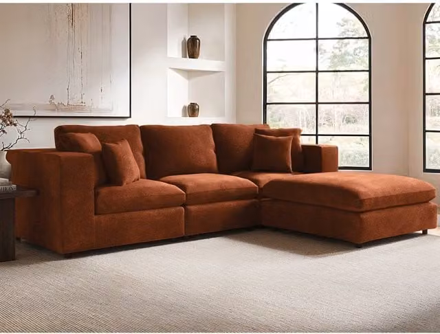 SolaceCo Asher 4 Seater L-Shape Upholstered Sofa with Matching Ottoman in Burnt Orange Chenille