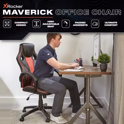 X-Rocker Maverick Mid Back Racing Gaming Chair for Kids and Teens in Black and Red with Synthetic Leather and Padded Armrests, W/D/H: 61.0 x 66.0 x 110.0 cm – 3