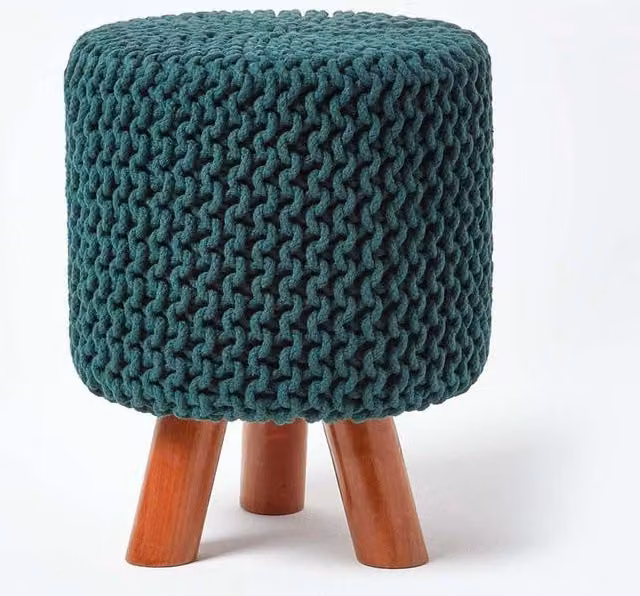 Homescapes Tall Cotton Knitted Footstool with Wood Frame in Green