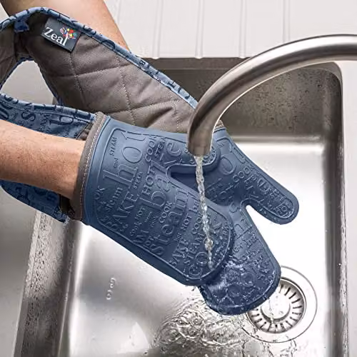 Zeal Silicone Double Oven Gloves in Provence Blue, Waterproof and Heat-Resistant with Non-Slip Grip – 6