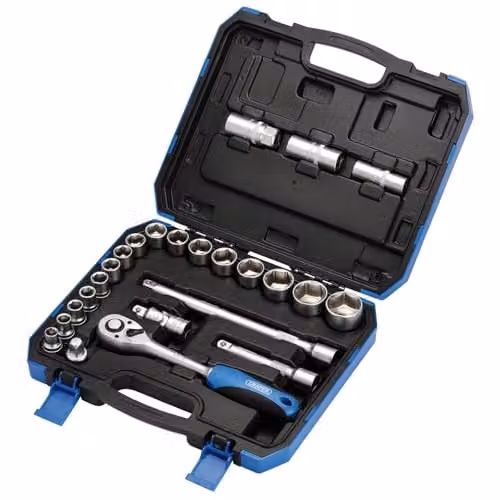 Draper 24 Piece Metric Socket Set with 1/2-Inch Square Drive in Blue Chrome Vanadium – 1