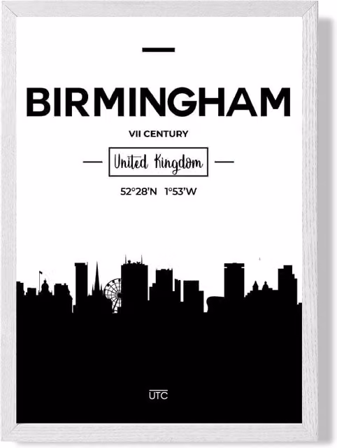 ARTZE Birmingham Black and White City Skyline Framed Print in White Frame, A2 – 1