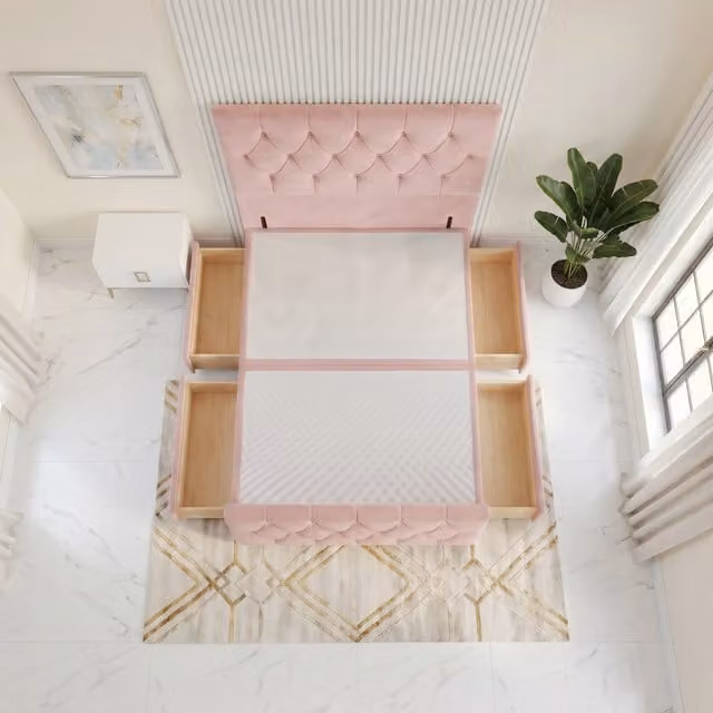 Somnior Beds Ltd Pink Chesterfield Velvet Double Divan Bed Base with Drawers and Floor Standing Headboard, W/D/H: 140 x 200 x 34.5 cm