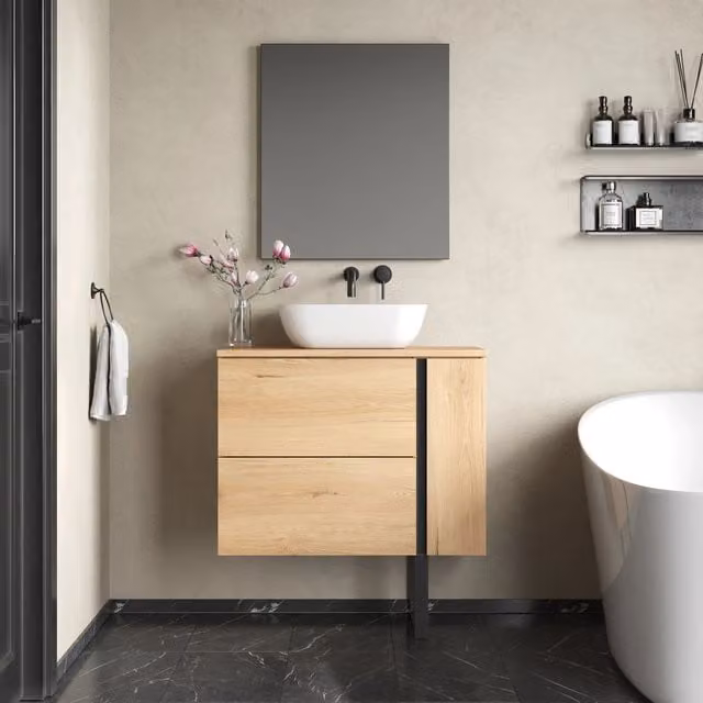 Banyetti Evora 800mm Wall Hung Vanity with Matching Worktop, Natural Oak in Light Brown – 1
