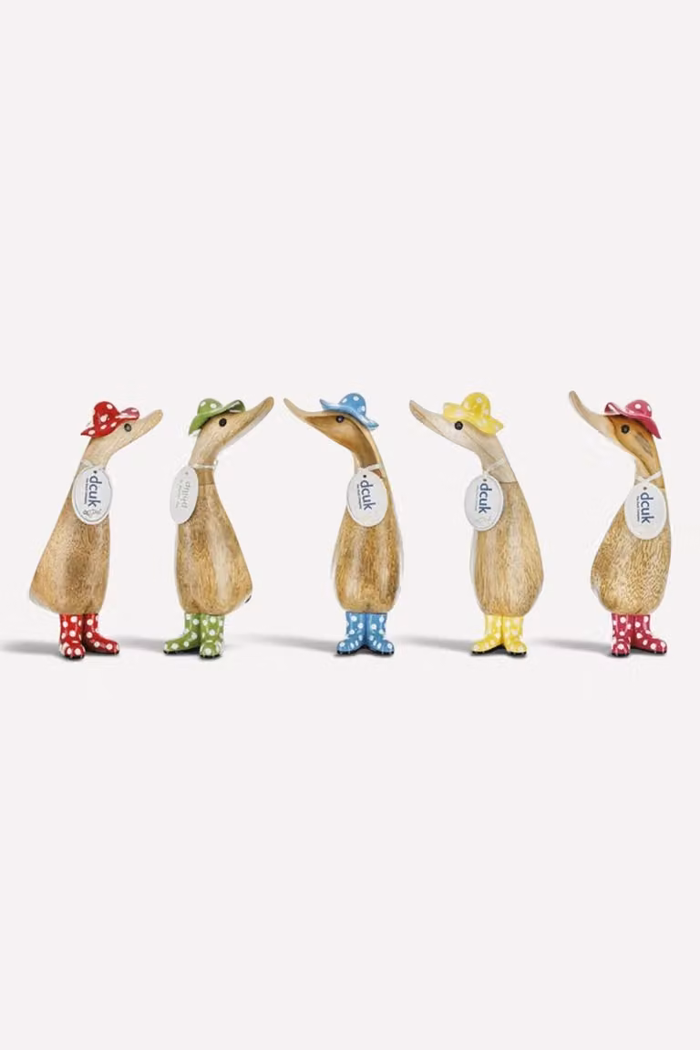 DCUK Duckling Ornament with Spotty Hat and Wellies, Yellow and Multicolour Wooden Tabletop Figurine