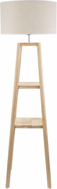 ValueLights Wakefield Double Shelf Wooden Floor Lamp with White Trim Drum Shade in Natural Wood