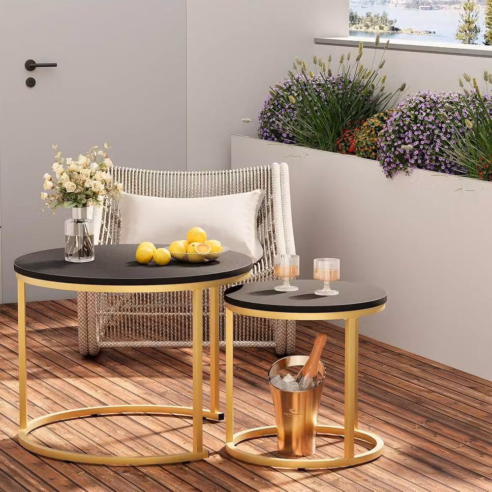 Huhote Set of 2 Round Nesting Side Tables with Matt Black Metal Frame – 8