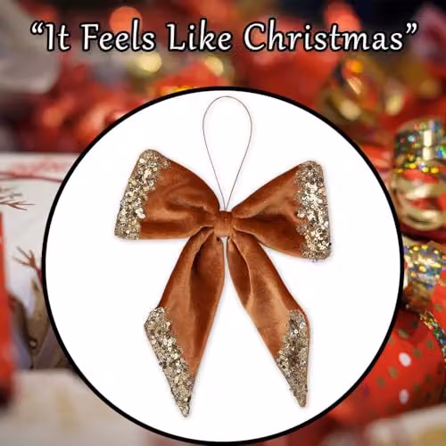 VFM e-Store Christmas Velvet Bow Hanging Decoration, Gold and Brown, W: 22 cm, H: 21 cm – 6