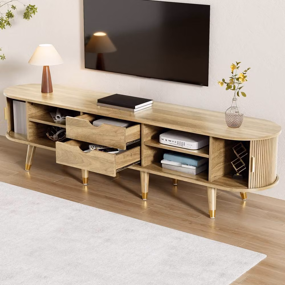 Merax Mid-Century Oval TV Stand with Slatted Sliding Doors in Brown, W: 175 cm, D: 45 cm, H: 45 cm – 3