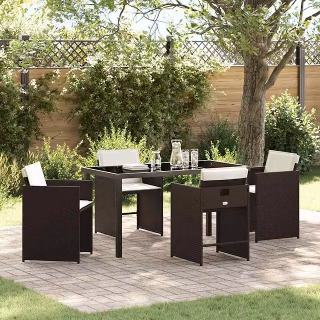 Berkfield Home 5 Piece Brown Poly Rattan Garden Dining Set with Steel and Glass Details – 1