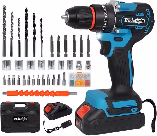 Traderight 96-Piece Cordless Brushless Impact Drill Driver Set with 2x2.0Ah Rechargeable Batteries in Black – 1