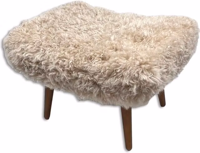 Native Natural Beige Sheepskin and Oak Wood Mid-Century Rectangular Footstool