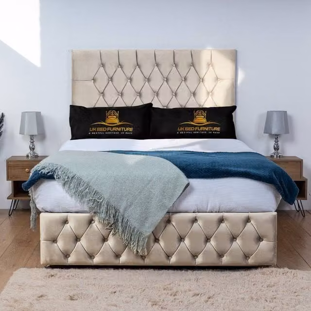 UK Bed Furniture Monaco Divan Bed Base with 26 Inch Headboard, Single, Beige Fabric
