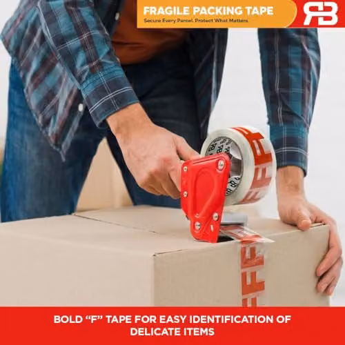 AQUARIUS Fragile Packing Tape, 12 Rolls, Red and Transparent, Width: 48 mm, Length: 66 m – 4