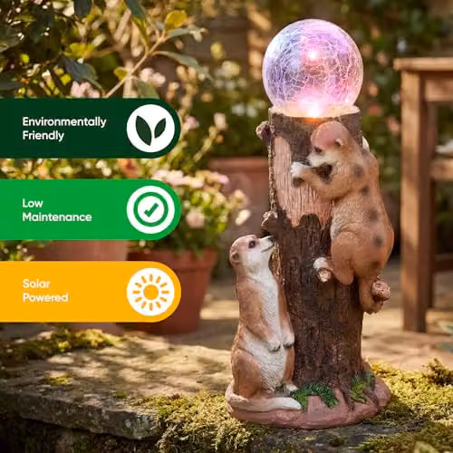 Gardenwize Solar Meerkat Crackle Ball Light with Colour Changing LED in Brown, Diameter: 35 cm – 5