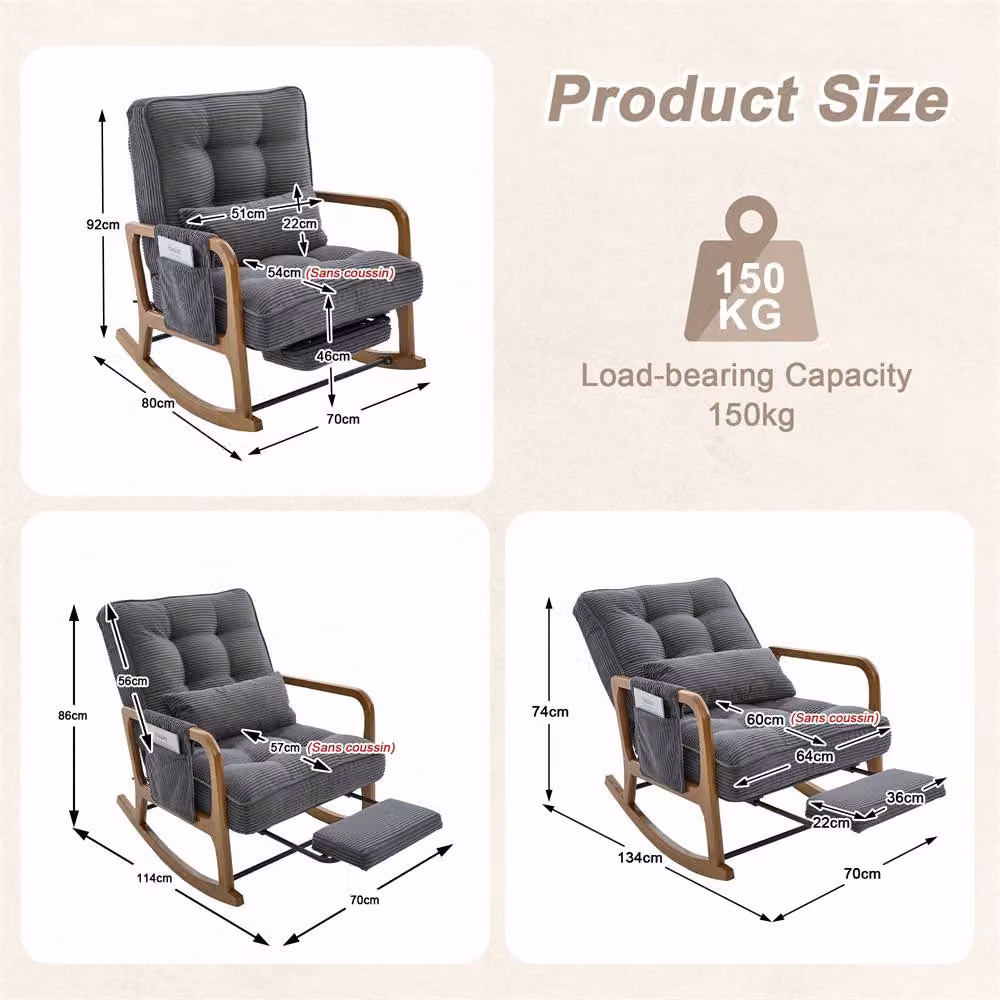 Direct Wicker Grey Corduroy Upholstered Rocker Glider Chair with Footrest and Side Pocket – 2