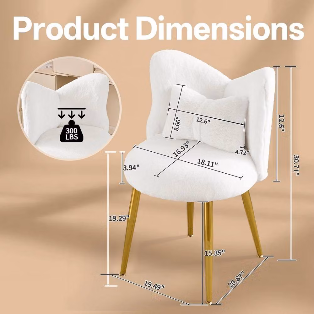 KORVIXA Modern Plush Upholstered Dressing Table Stool in White, W/D/H: 100 x 100 x 100 cm – 2