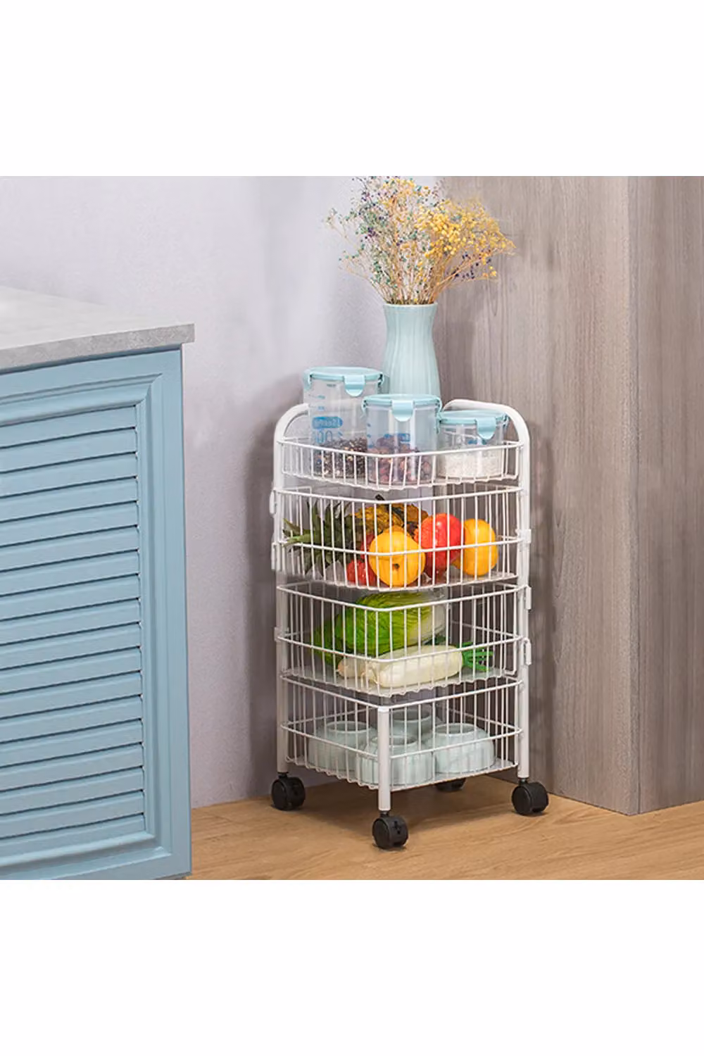 Livingandhome 4-Layer Rotating Iron Wire Trolley Cart in White, Small Scalable Kitchen Storage Organizer – 2