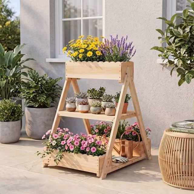 Costway 3-Tier Wooden Raised Garden Bed with 3 Planter Boxes in Natural Brown – 1