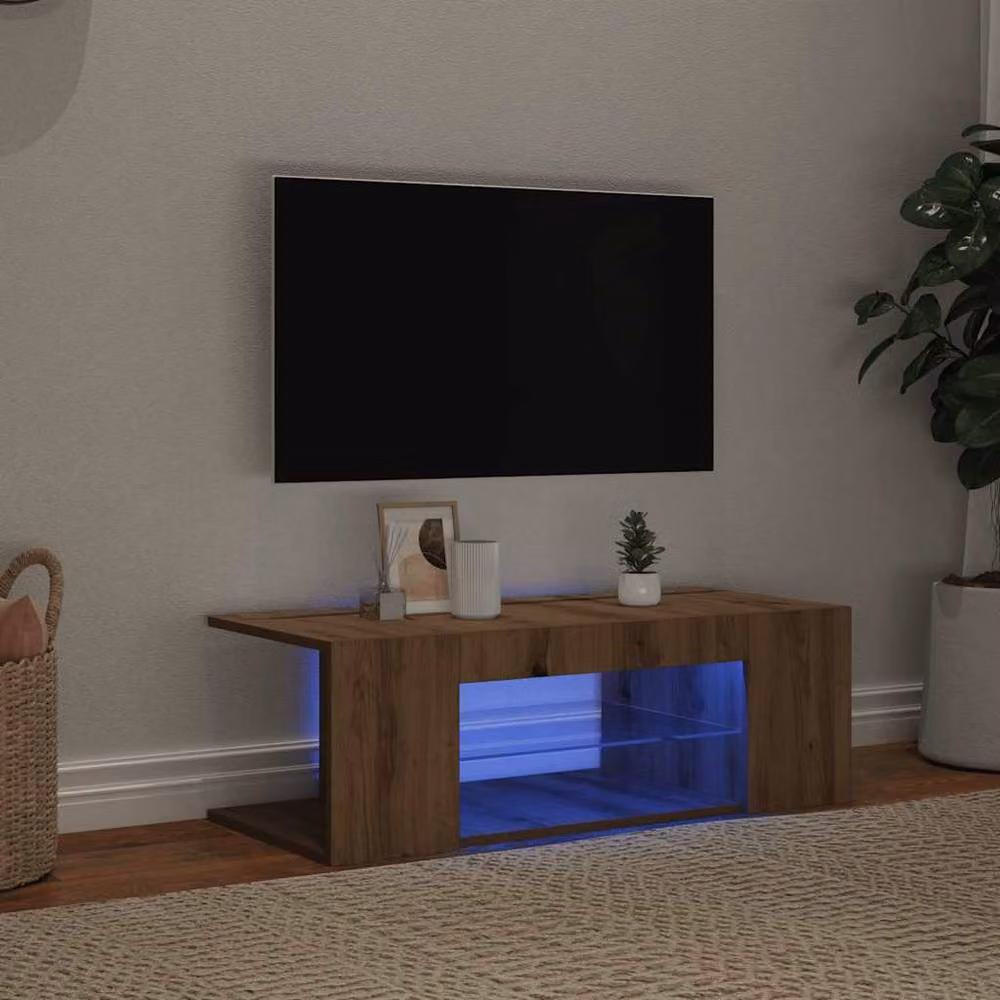 Berkfield Home Artisan Oak TV Cabinet with LED Lights in Brown, W/D/H: 90 x 39 x 30 cm – 3