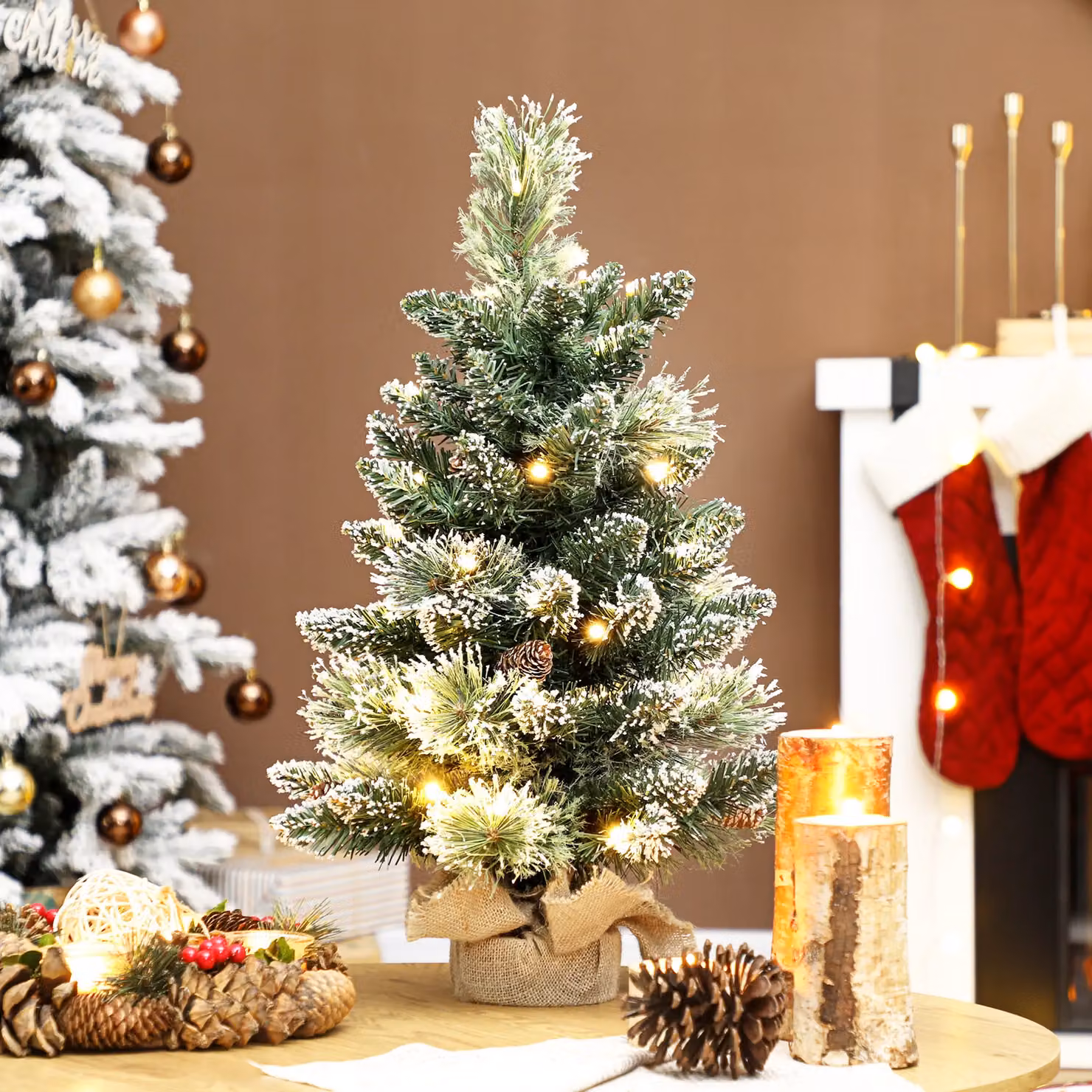 HOMCOM Prelit Mini Tabletop Christmas Tree, Snow Flocked in Green, Height: 60 cm – 2