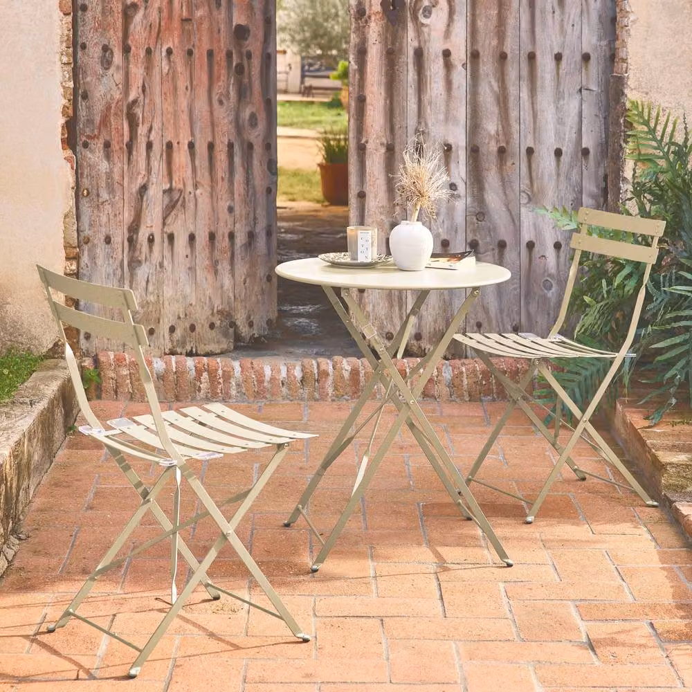 sweeek Round Folding Metal Bistro Garden Table and 2 Chairs Set in Beige, W/D/H: 60 x 60 x 71 cm – 2