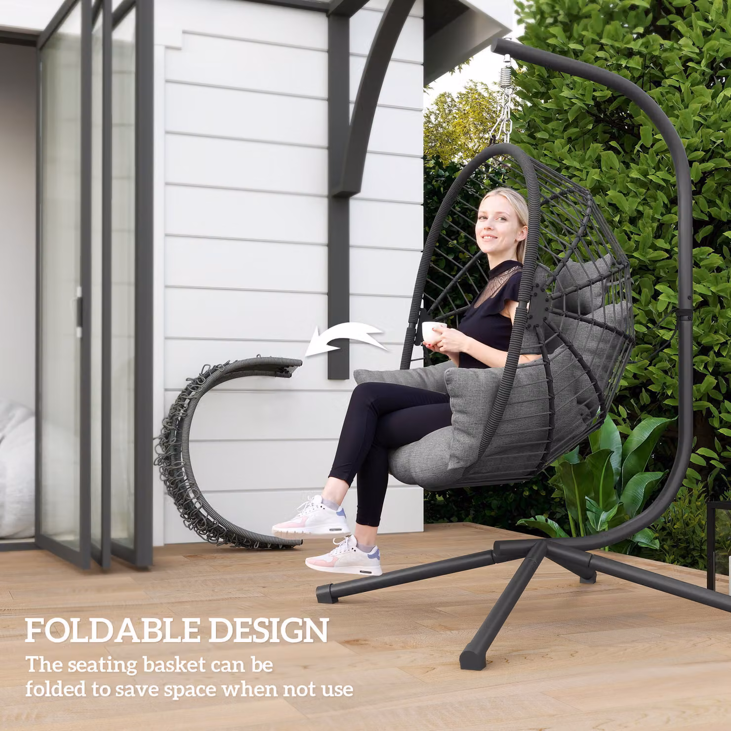 Outsunny Grey Outdoor Egg Swing Chair with Metal Stand and Padded Cushions – 5