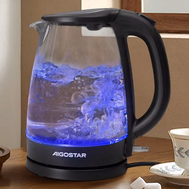Aigostar Glass Water Kettle with Auto Shut-off, Black and Transparent, 1.7 l