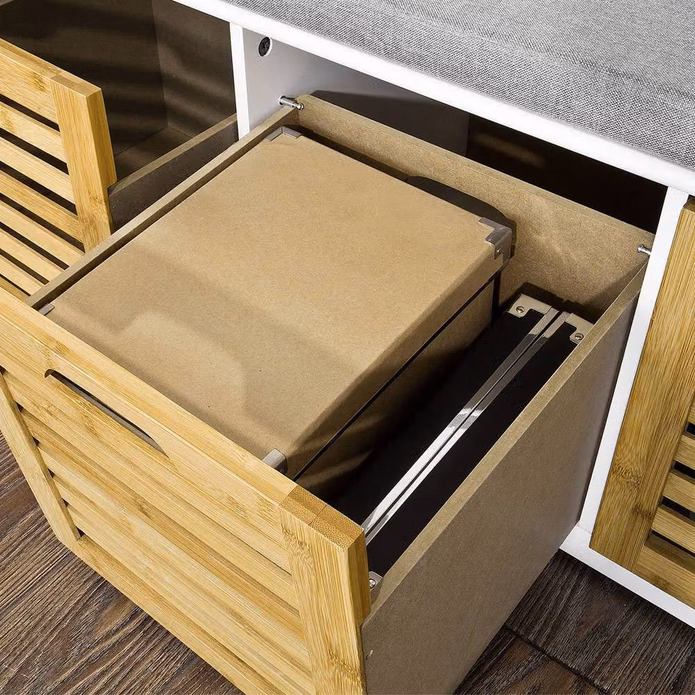 SoBuy Scandinavian Style Slim Entrance Bench with 3-Compartment Storage in White and Grey – 4