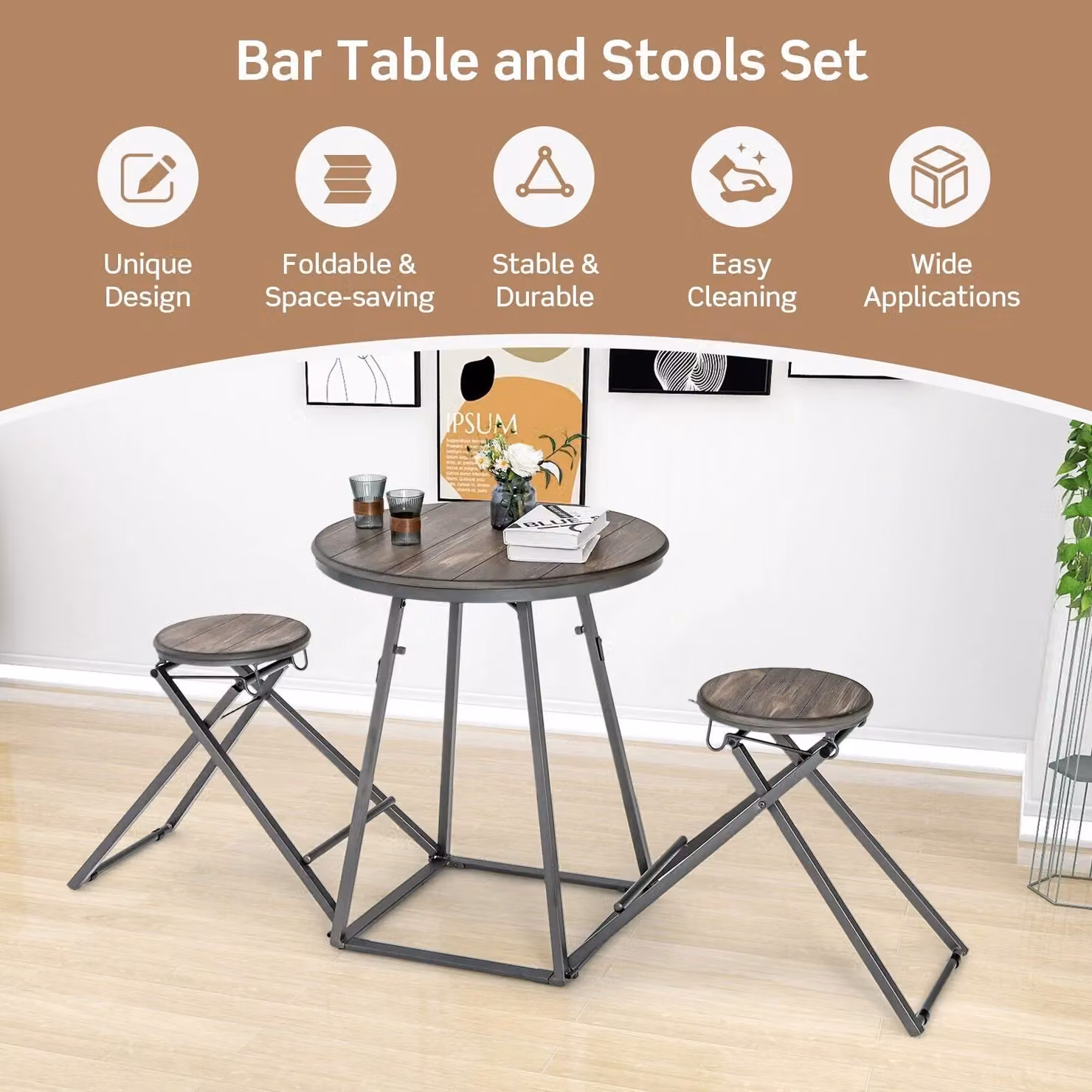 Costway 3-Piece Round Dining Bar Table and 2 Foldable Stools Set in Grey – 4