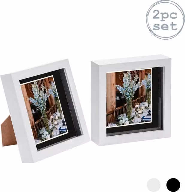 Nicola Spring Pack of 2 Square 3D Box Photo Frames in White and Black with 4 x 4 inch Mounts