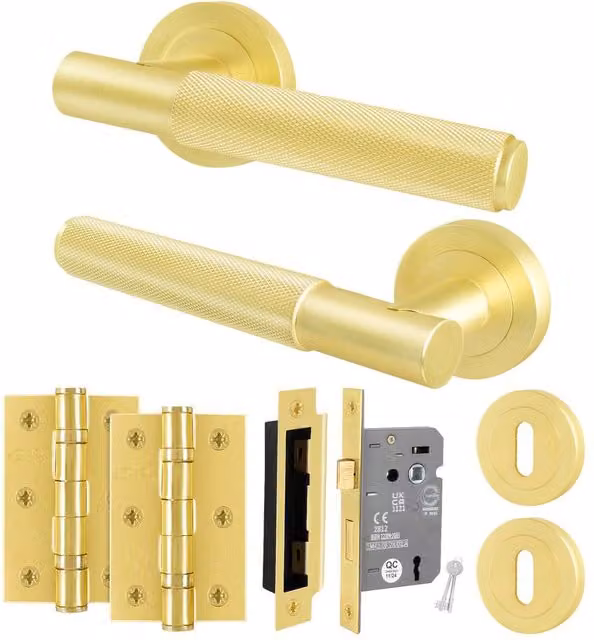 AFIT Satin Brass Round Rose Door Handle with Key Lock and Hinges in Gold