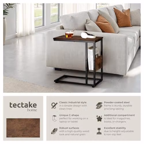 tectake Height Adjustable Bedside Table in Brown and Black with Industrial Design, W/D/H: 55 x 36.5 x 60 cm – 4