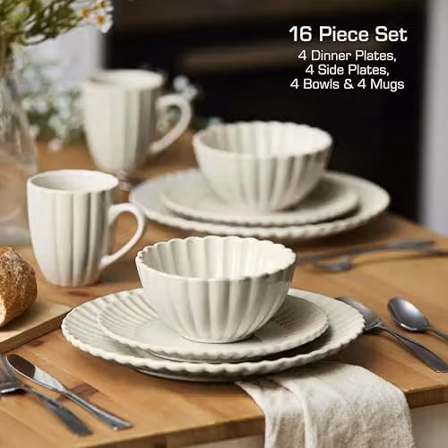 Swan 16 Piece Scallop Edge Stoneware Dinner Set in Beige – 5