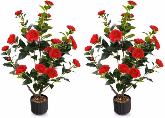 PAWNORA 2 Pack Red Floral Artificial Tabletop Trees with Green Leaves