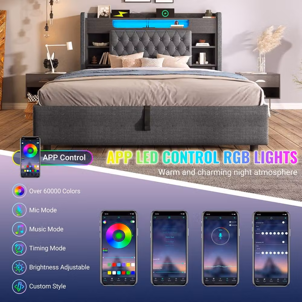Rolipo Grey Linen Super King Ottoman Bed with LED Lighting, USB Charging Port and Bedside Shelf, W/D/H: 180 x 200 cm – 5