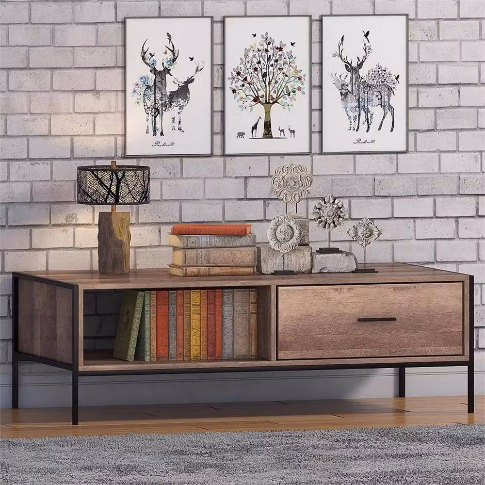 Nordara Loft Industrial Coffee Table with 1 Drawer in Brown and Black Reclaimed Wood and Metal – 3