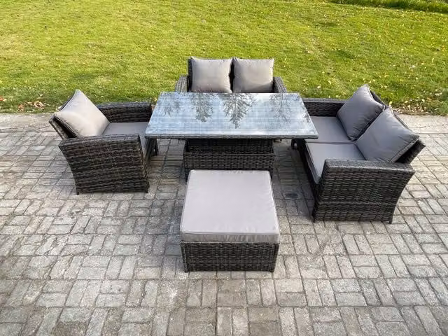 Fimous 5-Piece Rattan Outdoor Garden Furniture Set with Height Adjustable Lifting Table and Large Footstool in Dark Grey Mixed